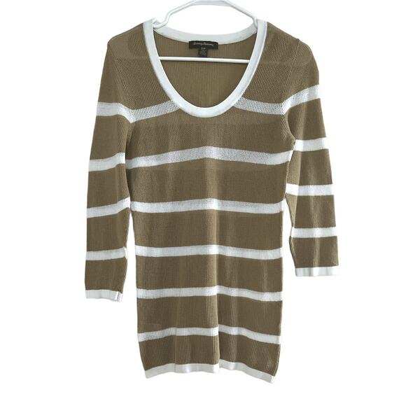 Tommy Bahama Knit Tan White Striped Knit Mesh Tunic Top Sweater - Picture 1 of 7
